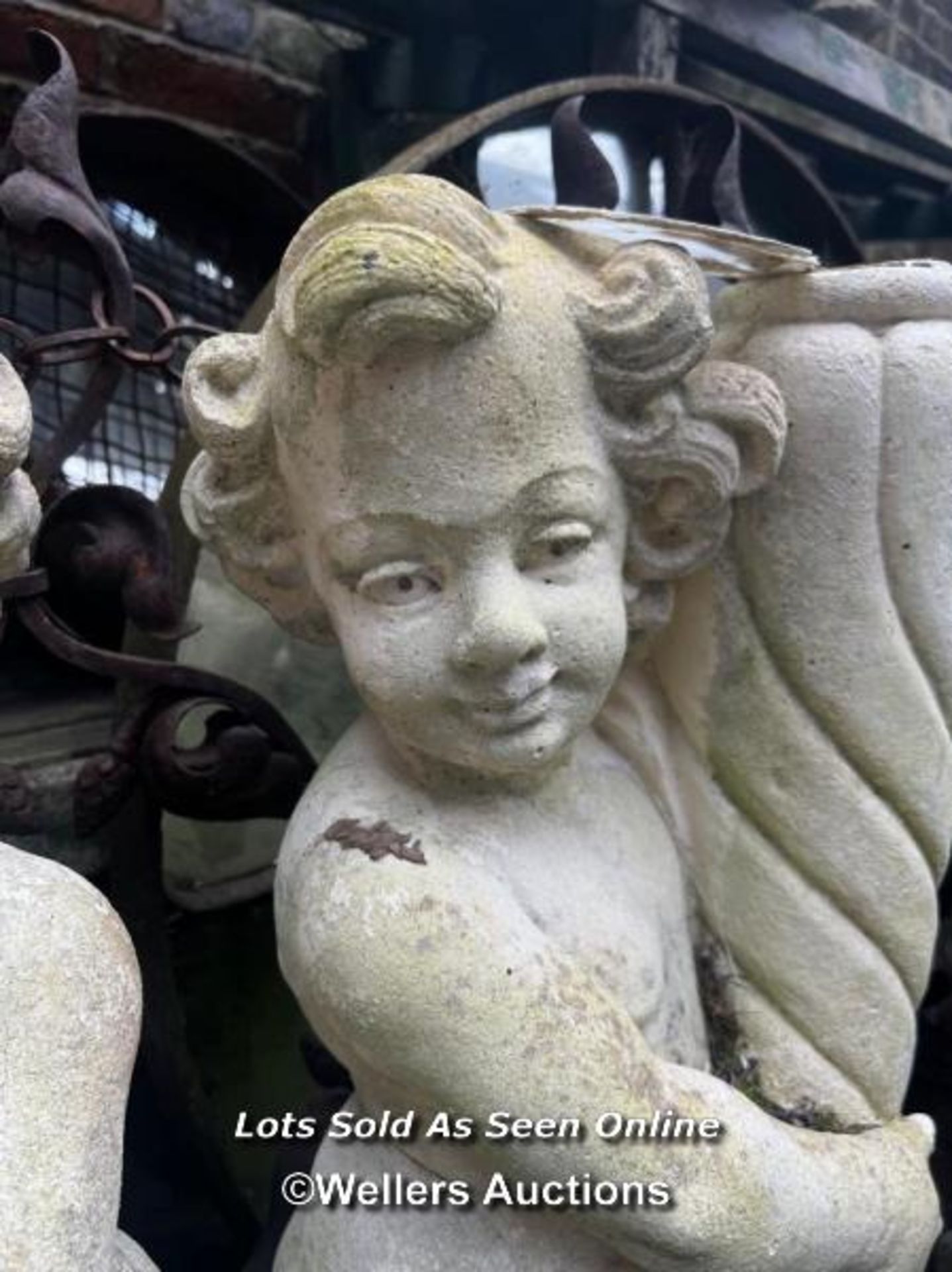 PAIR OF MARBLE COPOSITION CHERUBS SUPPORTING CORNUCOPIA, PREVIOUSLY USED AS LAMPS, THIS LOT IS - Image 4 of 4
