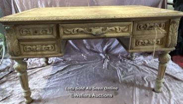 DECORATIVE BLEACHED OAK DESK WITH FOUR DRAWERS ON CARVED LEGS, 130 X 76 X 74.5CM