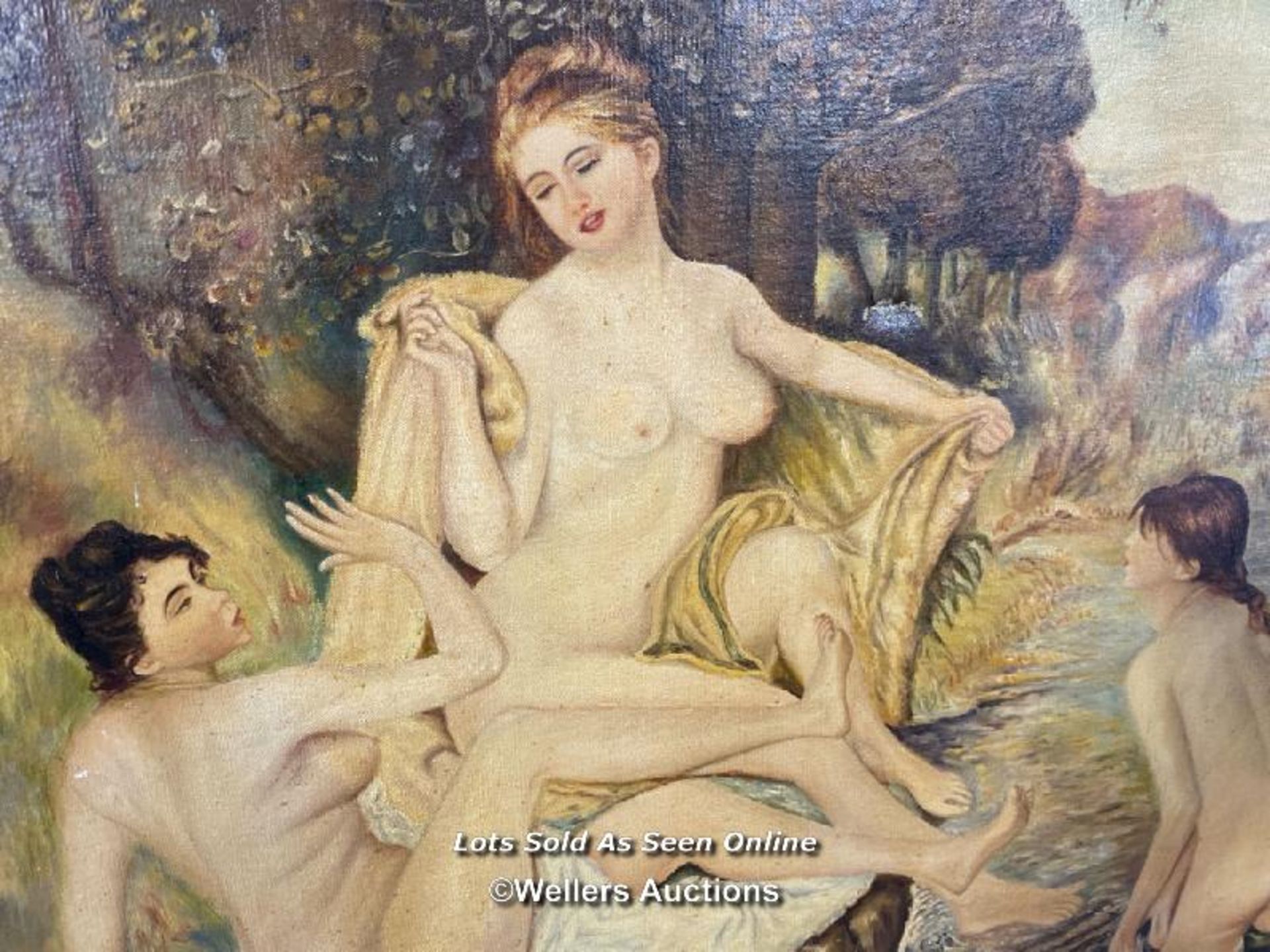 1956 OIL ON CANVAS PAINTING OF NAKED LADIES BY THE RIVERSIDE, BY OLIVE HOLDSWORTH, 51 X 41CM - Image 2 of 4