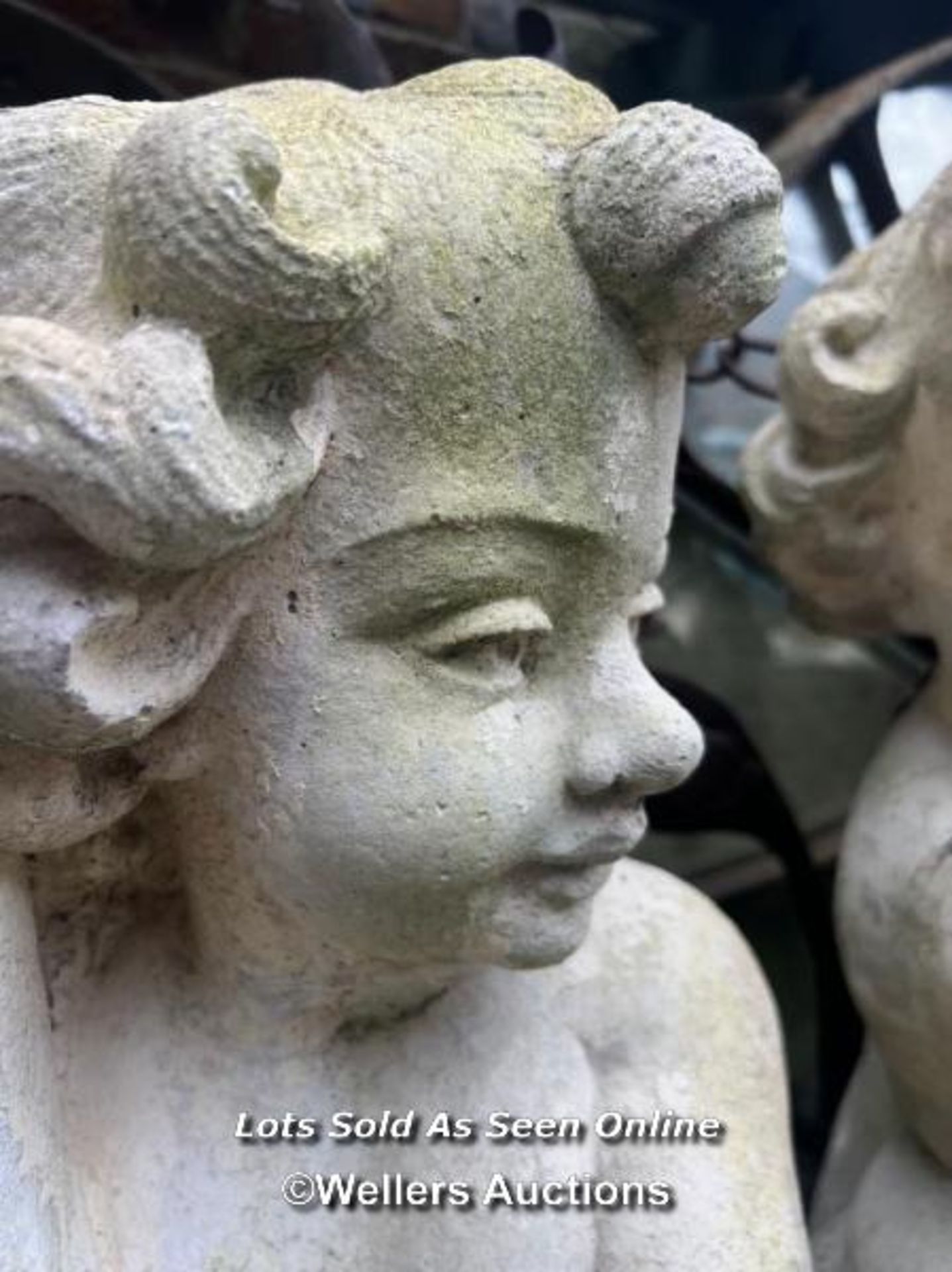 PAIR OF MARBLE COPOSITION CHERUBS SUPPORTING CORNUCOPIA, PREVIOUSLY USED AS LAMPS, THIS LOT IS - Image 3 of 4