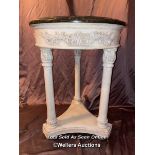 20TH CENTURY DISTRESSED PAINTED ITALIAN OCCASIONAL TABLE WITH MARBLE TOP, ON TRI-FORM COLUMN BASE,