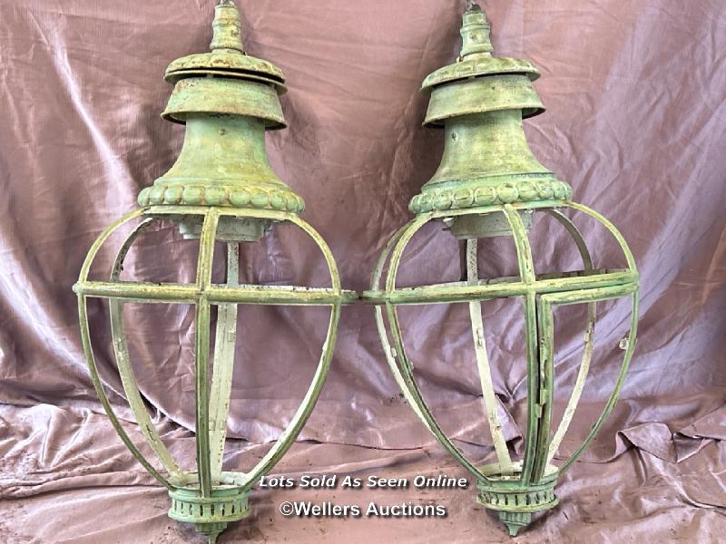 19TH CENTURY HANGING LANTERNS IN VERDIGRIS PAINT, DIAMETER 50CM X HEIGHT 100CM