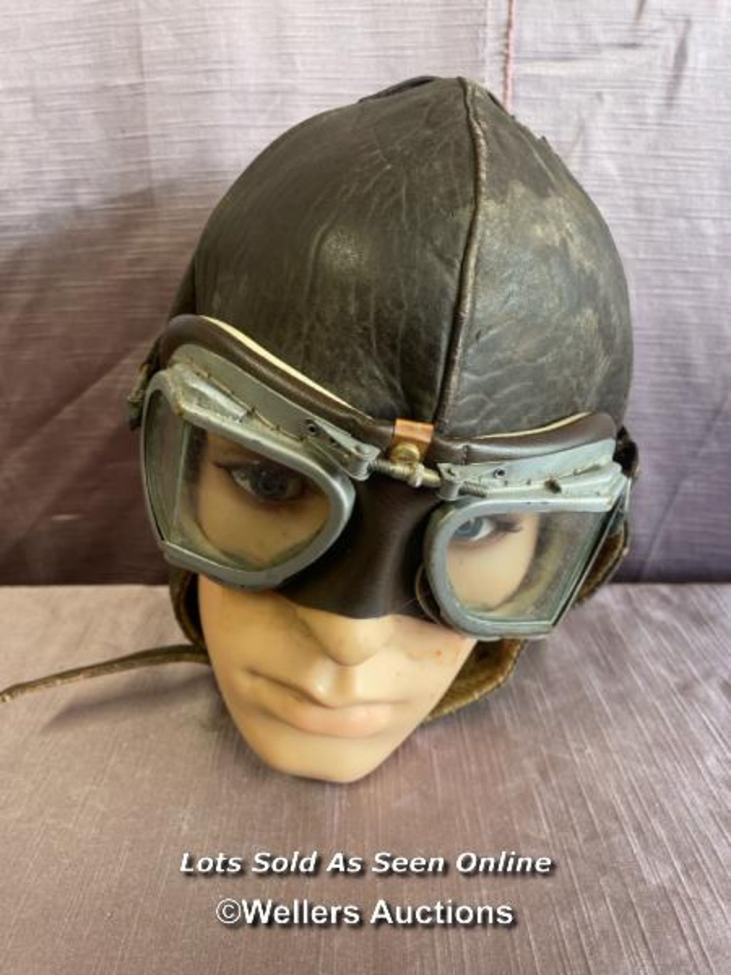 PRE WAR LEATHER FLYING OR DRIVING HELMET WITH ASSOCIATED GOGGLES