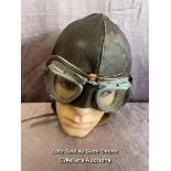 PRE WAR LEATHER FLYING OR DRIVING HELMET WITH ASSOCIATED GOGGLES