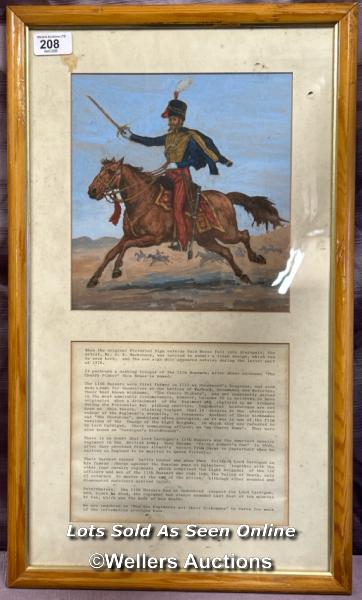 FRAMED AND GLAZED WATERCOLOR DEPICTING A DASHING TROOPER OF THE 11TH HUSSARS AFTER THE REGIMENTS