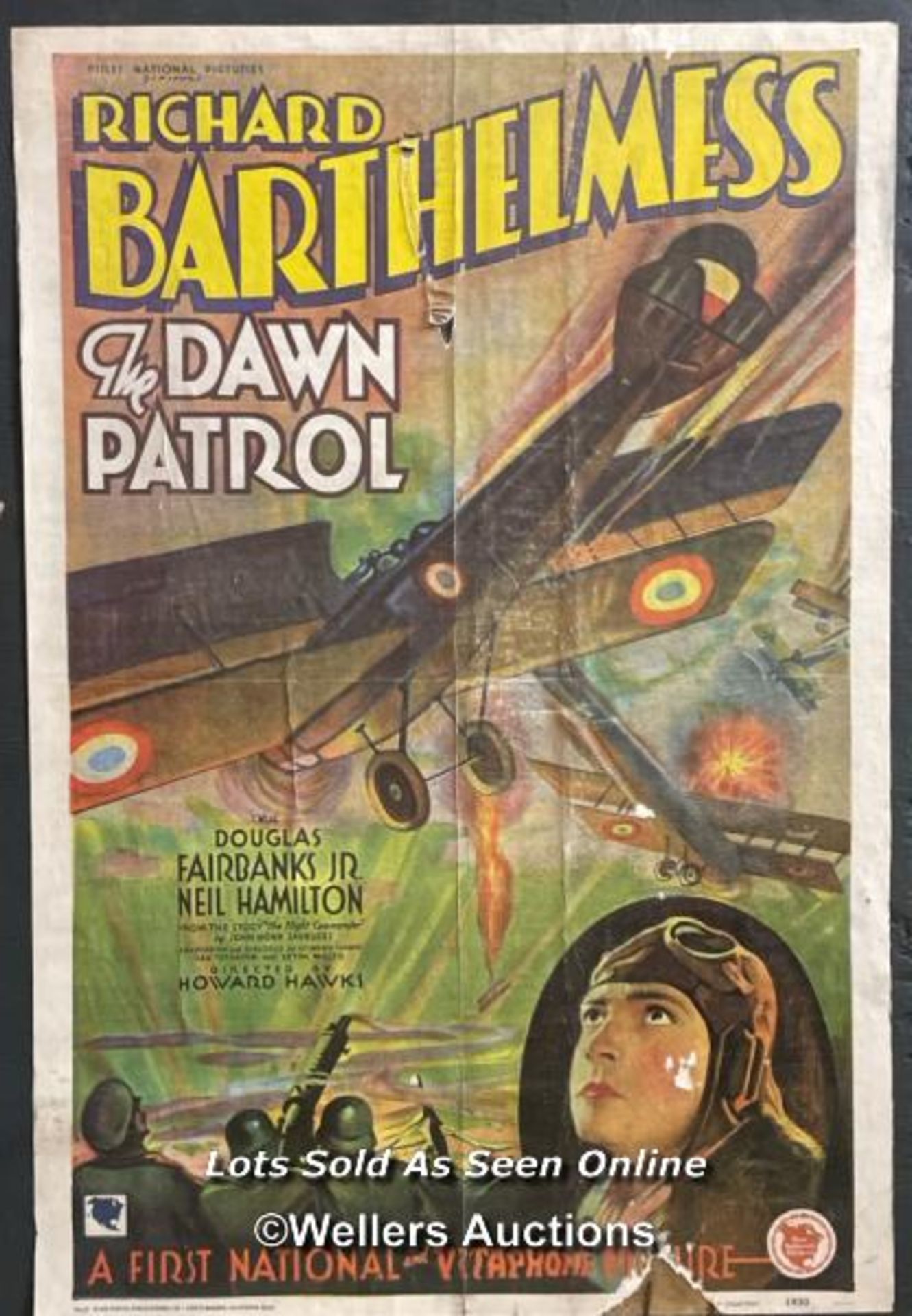 'THE DAWN PATROL' FILM POSTER, 1930, PASTED ONTO BOARD FOR THEATRICAL USE, POSTER SIZE 50 X 73.5CM