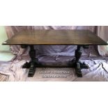LARGE OAK DINING TABLE ON BALUSTER COLUMNS AND TRIFORM BASE, 153 X 84 X 75CM