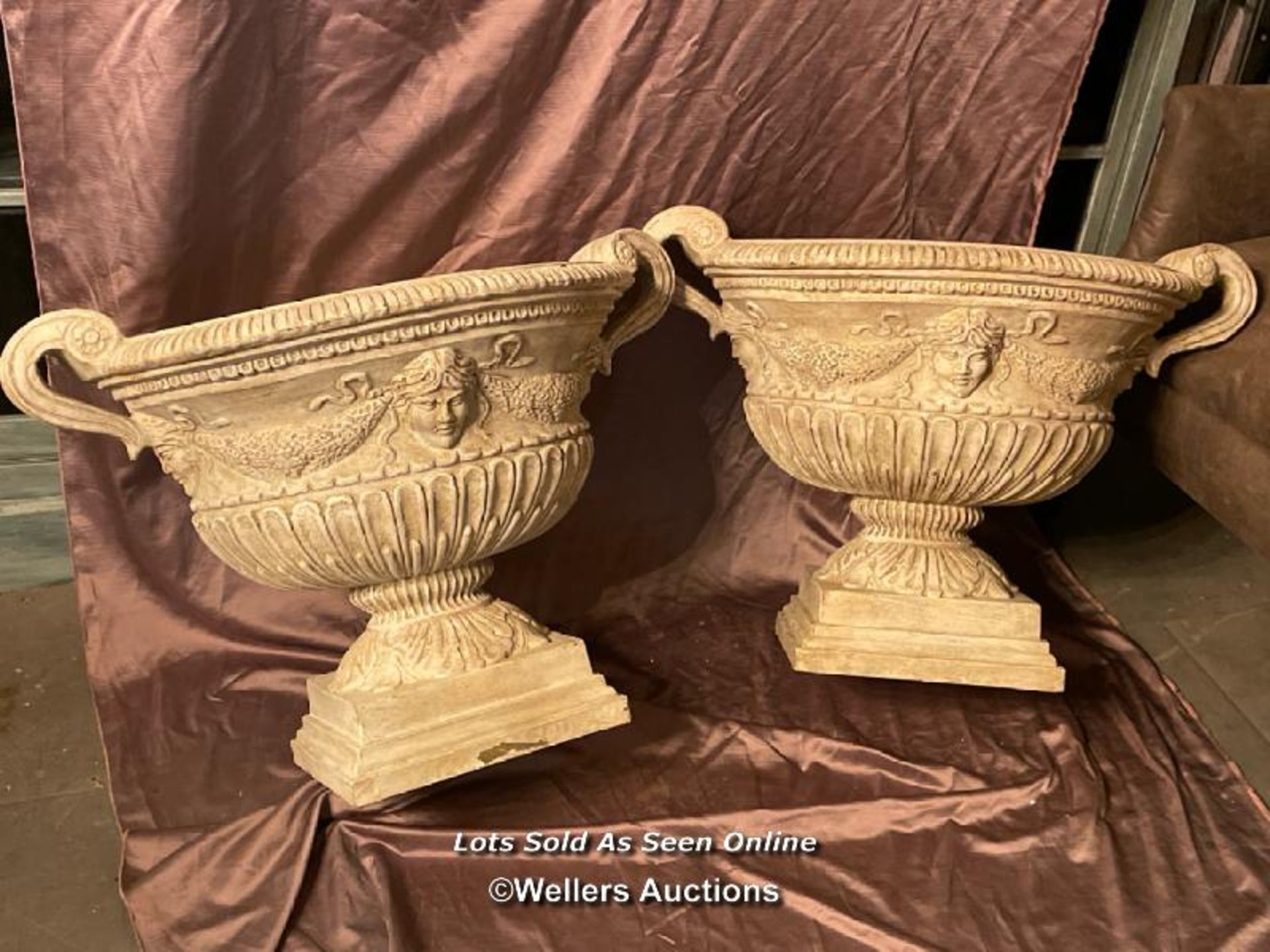 PAIR OF EX-FILM SET RESIN GRECIAN URNS, 80 X 60CM