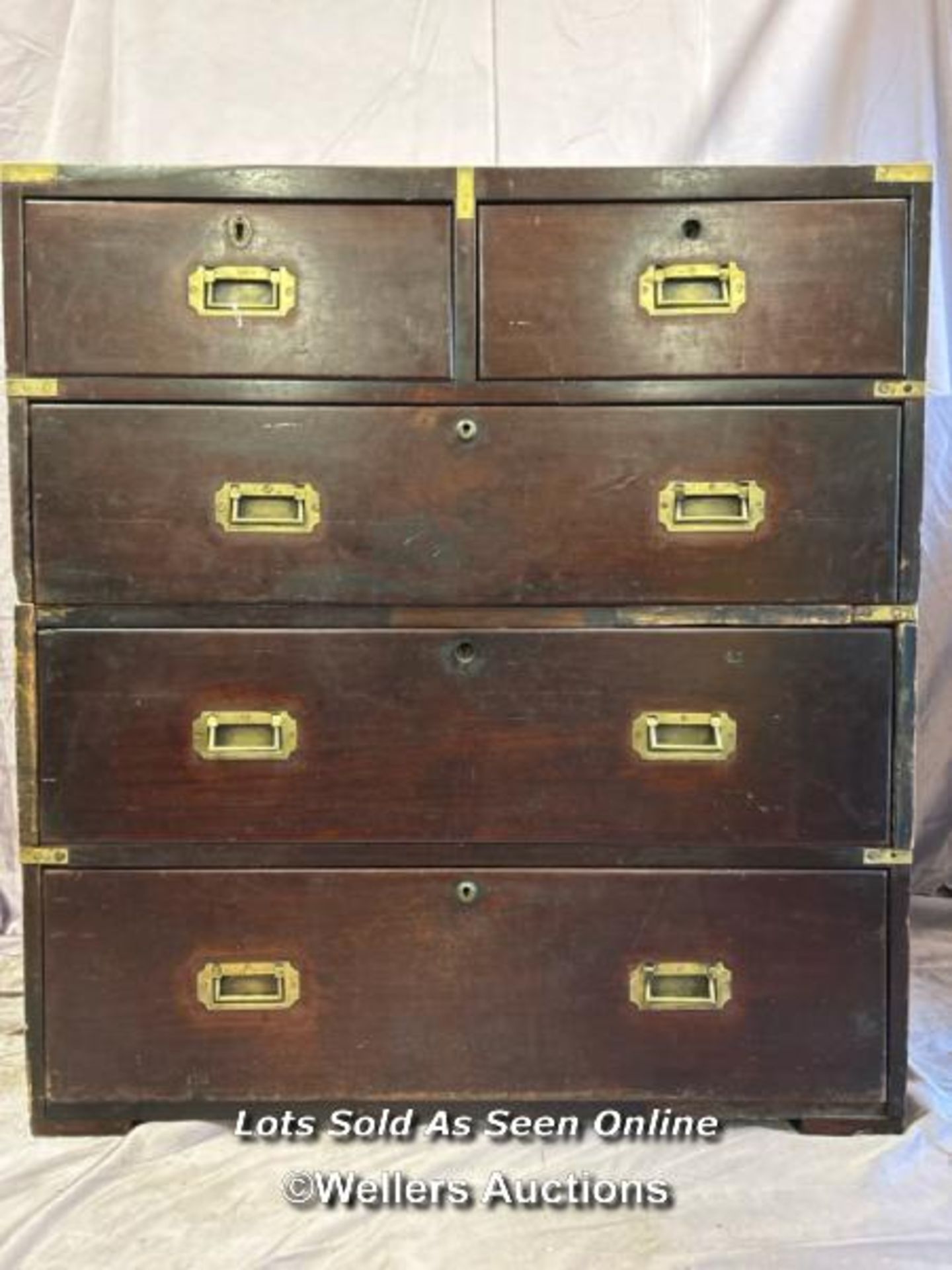 19TH CENTURY TEAK AND MAHOGANY MILITARY CAMPAIGN CHEST (IN TWO PARTS), BISECTED FOR TRANSPORT WITH