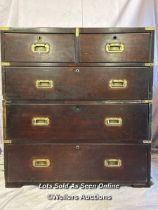 19TH CENTURY TEAK AND MAHOGANY MILITARY CAMPAIGN CHEST (IN TWO PARTS), BISECTED FOR TRANSPORT WITH