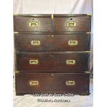 19TH CENTURY TEAK AND MAHOGANY MILITARY CAMPAIGN CHEST (IN TWO PARTS), BISECTED FOR TRANSPORT WITH