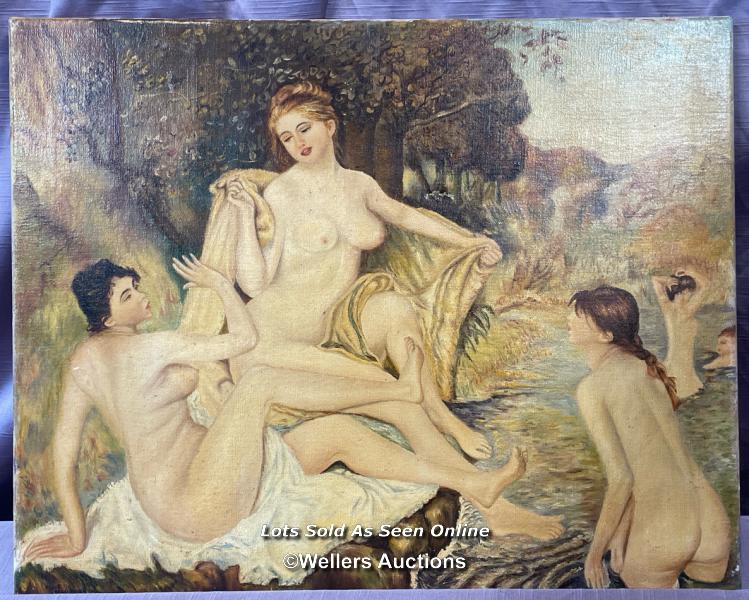 1956 OIL ON CANVAS PAINTING OF NAKED LADIES BY THE RIVERSIDE, BY OLIVE HOLDSWORTH, 51 X 41CM