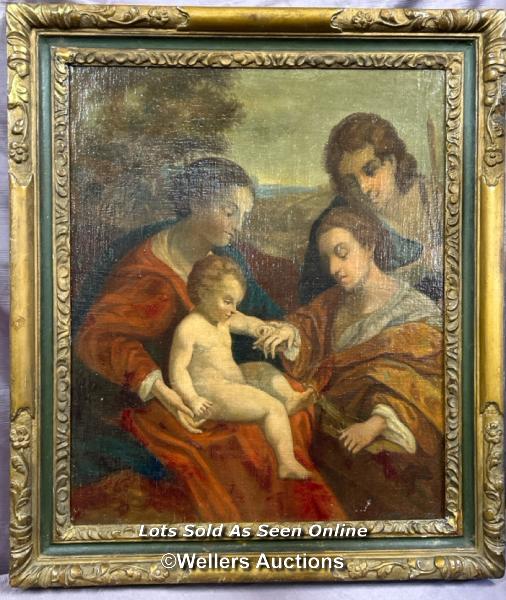 OIL ON BOARD DEPICTING FAMILY WITH YOUNG CHILD, COPY OF ITALIAN RENAISSANCE, 61 X 50CM