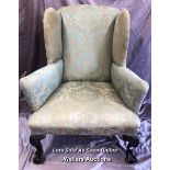 UPHOLSTERED WINGBACK ARMCHAIR ON CLAW AND BALL FEET, 105 HIGH