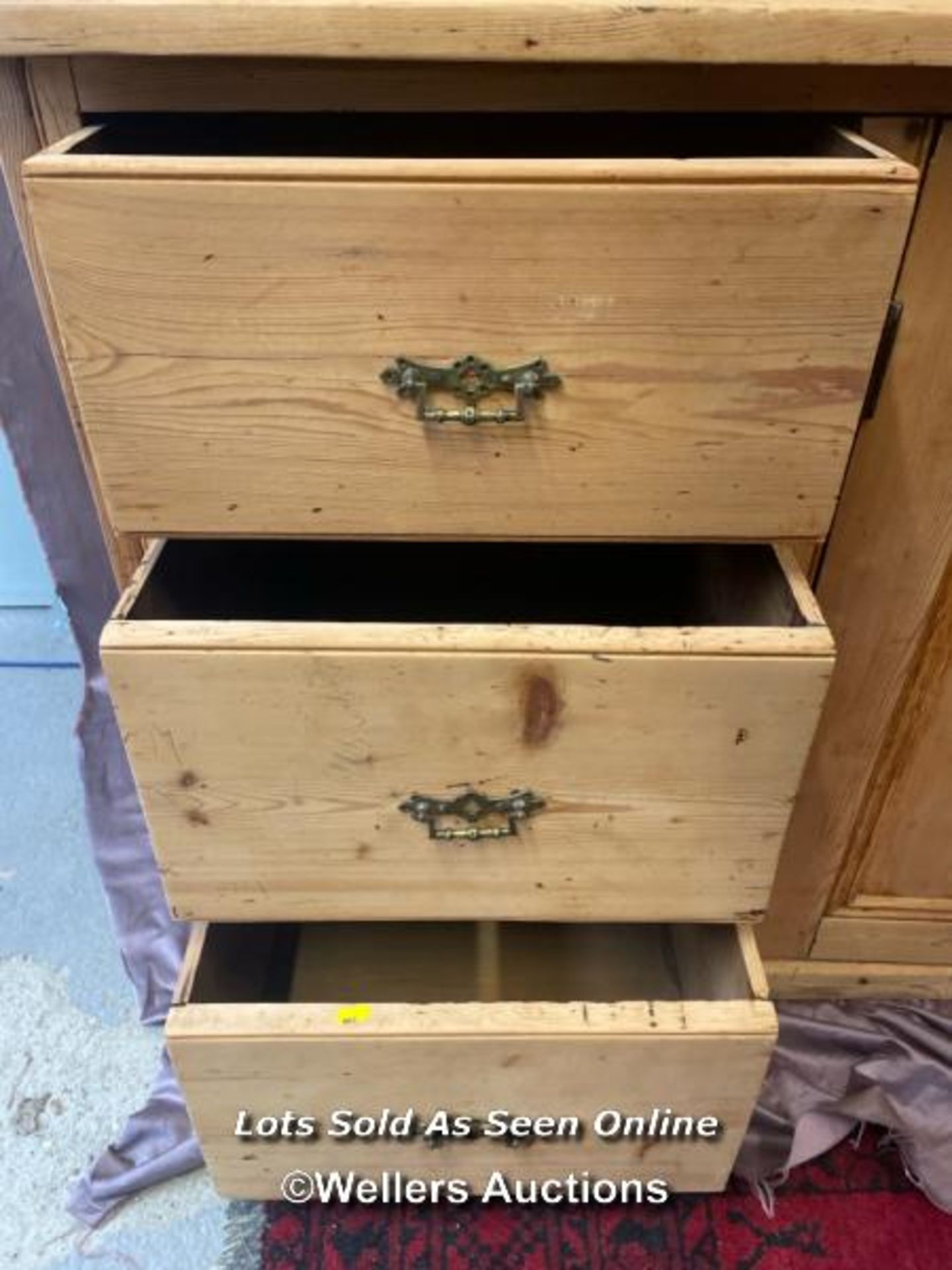 LARGE STRIPPED PINE DRESSER WITH FOUR GLAZED DOORS ON TOP OVER TWO DOORS BELOW AND SIX DRAWERS, - Image 5 of 14