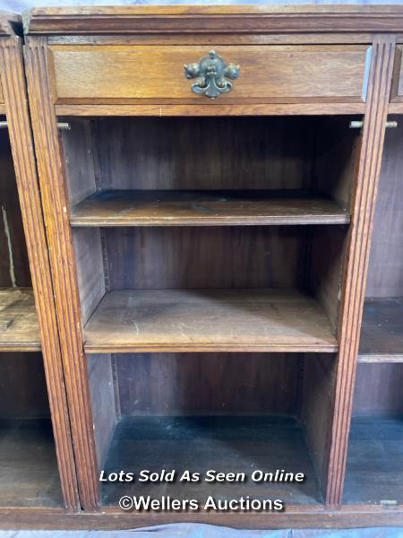 CIRCA 1900, LARGE WOODEN BOOKCASE IN TWO PARTS, WITH FOUR DRAWERS AND EIGHT ADJUSTABLE SHELVES, - Image 6 of 6