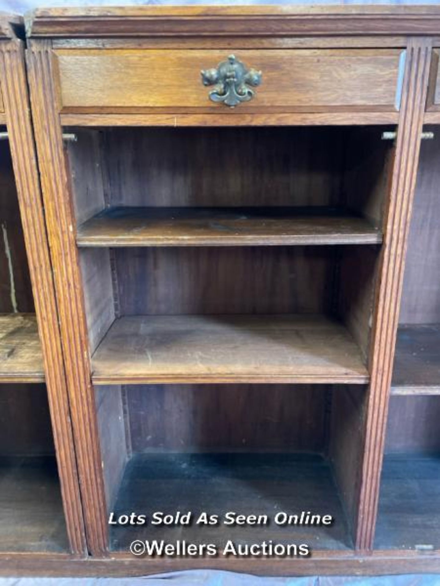 CIRCA 1900, LARGE WOODEN BOOKCASE IN TWO PARTS, WITH FOUR DRAWERS AND EIGHT ADJUSTABLE SHELVES, - Image 6 of 6