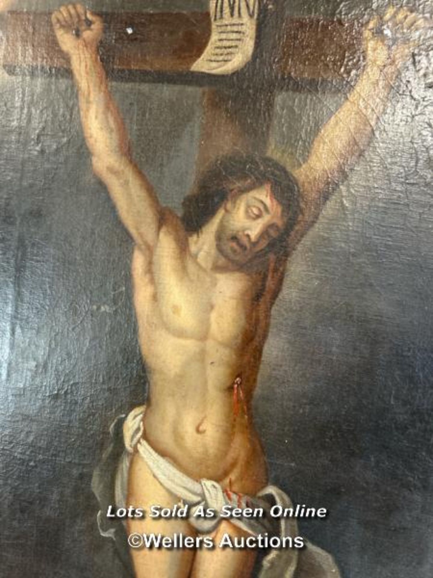 OIL ON WOOD DEPICTING THE CRUCIFIXION OF JESUS, 47.5 X 79CM - Image 2 of 3