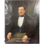 19TH CENTURY OIL ON CANVAS PORTRAIT OF A GENTLEMAN, UNSIGNED, 80 X 100CM (IN NEED OF RESTORATION)