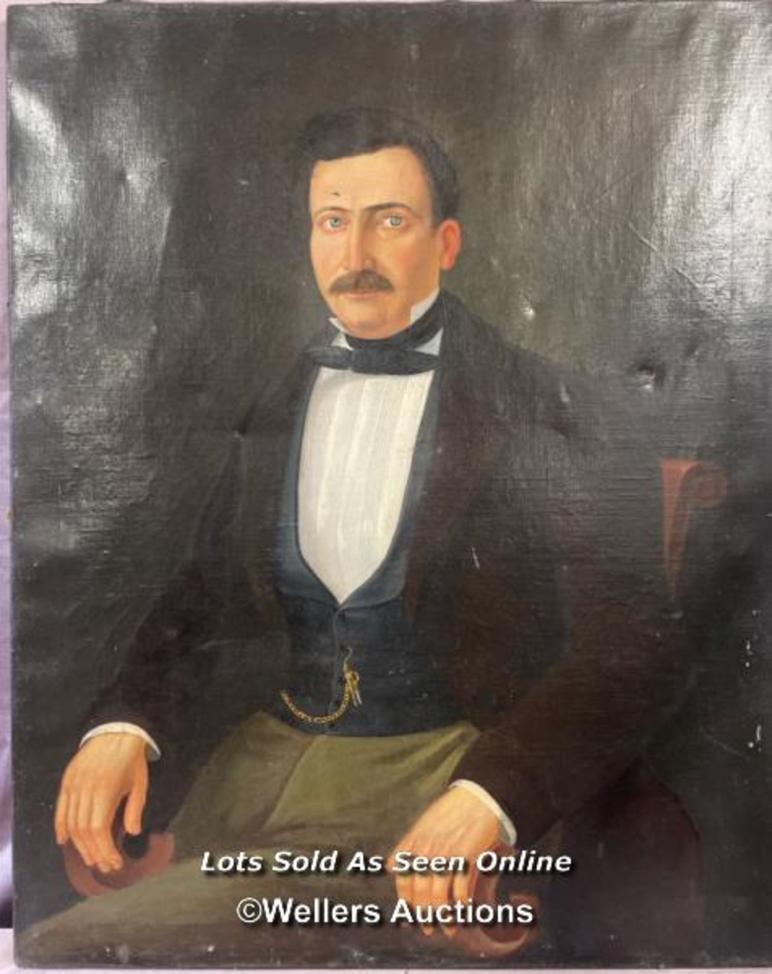 19TH CENTURY OIL ON CANVAS PORTRAIT OF A GENTLEMAN, UNSIGNED, 80 X 100CM (IN NEED OF RESTORATION)