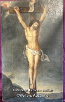 OIL ON WOOD DEPICTING THE CRUCIFIXION OF JESUS, 47.5 X 79CM