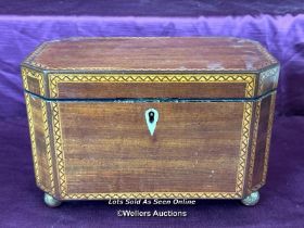 SMALL INLAID TEA CADDY, WITH KEY AND WORKING LOCK, ON BALL FEET, 23 X 13 X 14CM