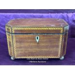 SMALL INLAID TEA CADDY, WITH KEY AND WORKING LOCK, ON BALL FEET, 23 X 13 X 14CM