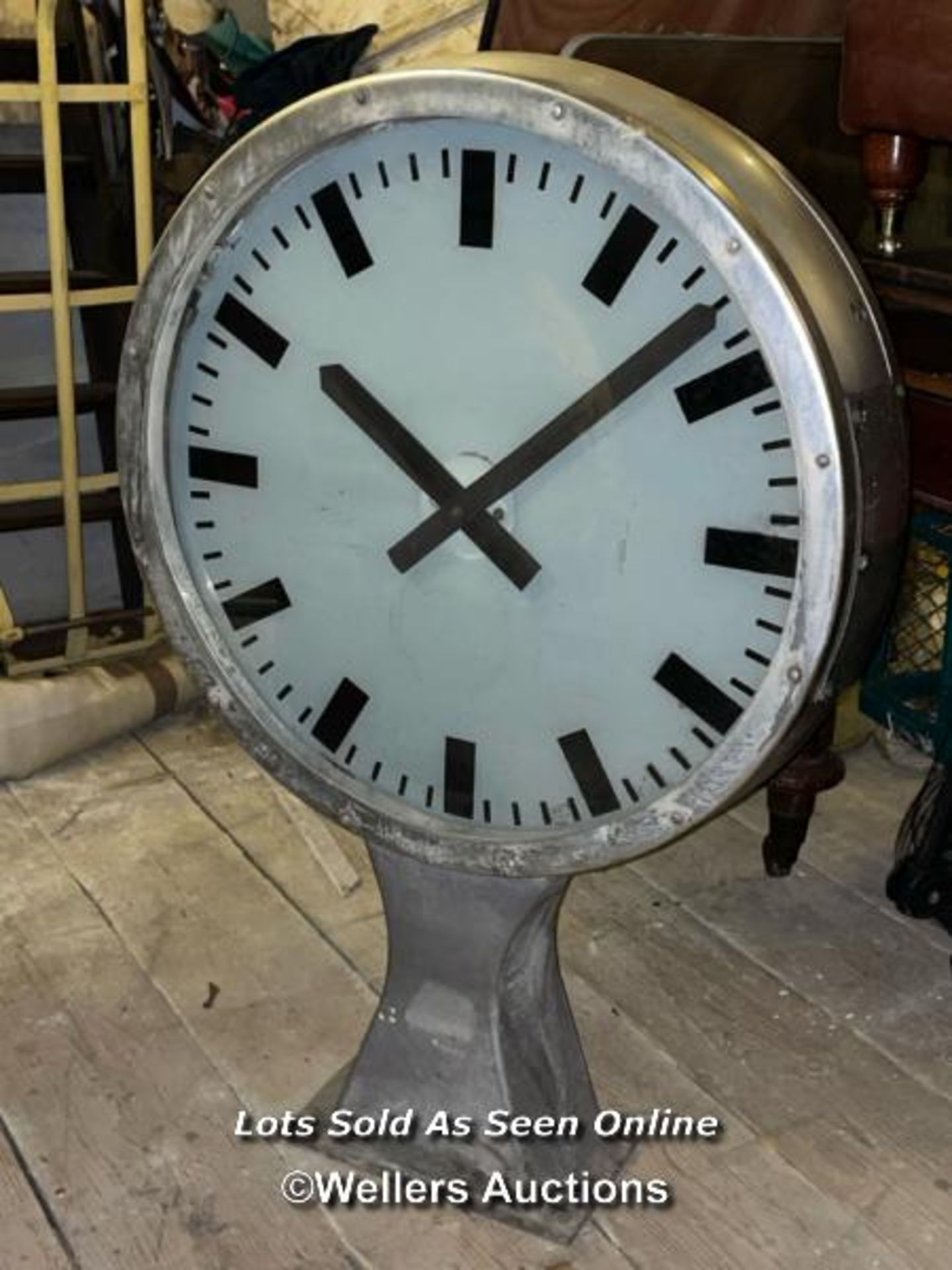 LARGE STATION CLOCK, DAMAGED REAR CLOCK FACE, 68 X 20.5 X 105CM