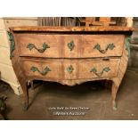 20TH CENTURY LOUIS XV COMMODE WITH VERDIGRIS ORMULU MOUNTS AND ORIGINAL MARBLE TOP, DAMAGE TO ONE