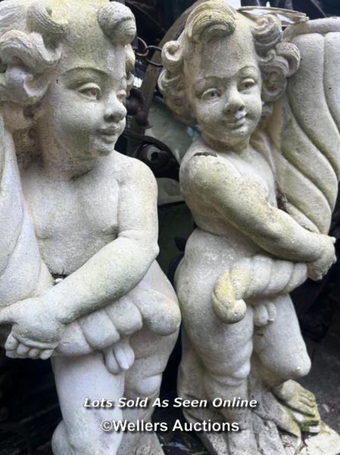 PAIR OF MARBLE COPOSITION CHERUBS SUPPORTING CORNUCOPIA, PREVIOUSLY USED AS LAMPS, THIS LOT IS - Image 2 of 4