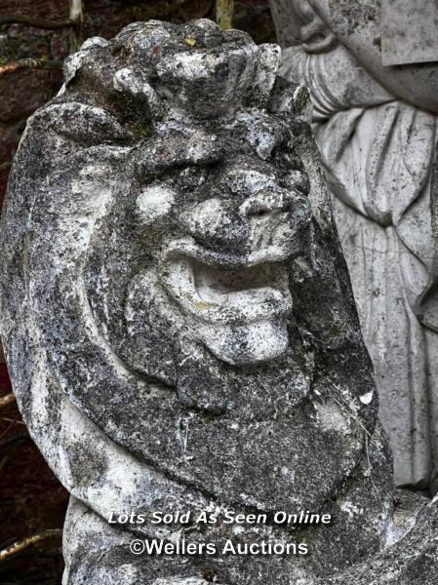PAIR OF WEATHERED RE-CONSTITUTED STONE LIONS WITH SHIELDS, SOME WARE AND MINOR DAMAGE, THIS LOT IS - Image 2 of 2