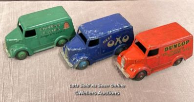 THREE DINKY TROJAN ADVERTISING VANS INCLUDING CHIVERS JELLIES, OXO AND DUNLOP