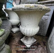 LARGE PAIR OF WEATHERED COMPOSITION URNS, THIS LOT IS LOCATED AWAY FROM THE AUCTION SITE, TO VIEW