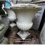 LARGE PAIR OF WEATHERED COMPOSITION URNS, THIS LOT IS LOCATED AWAY FROM THE AUCTION SITE, TO VIEW