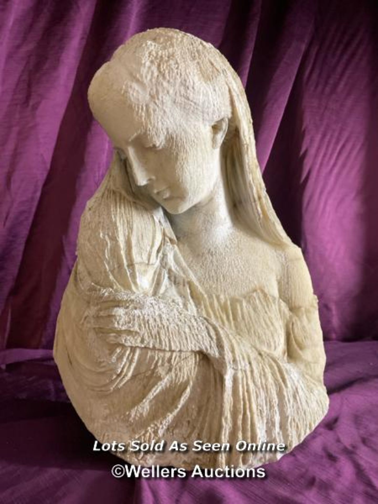 MARBLE BUST, POSSIBLY THE VIRGIN MARY, 32 X 25 X 48CM