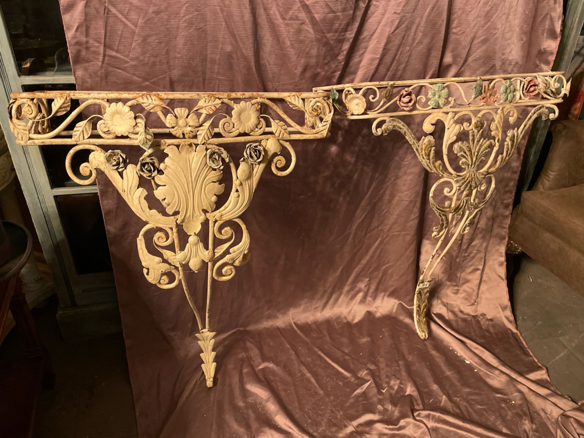 MATCHED PAIR OF FRENCH IRON WORK CONSOLE TABLES, 71 X 31 X 95CM (TOPS ARE AVAILABLE ONE MARBLE AND