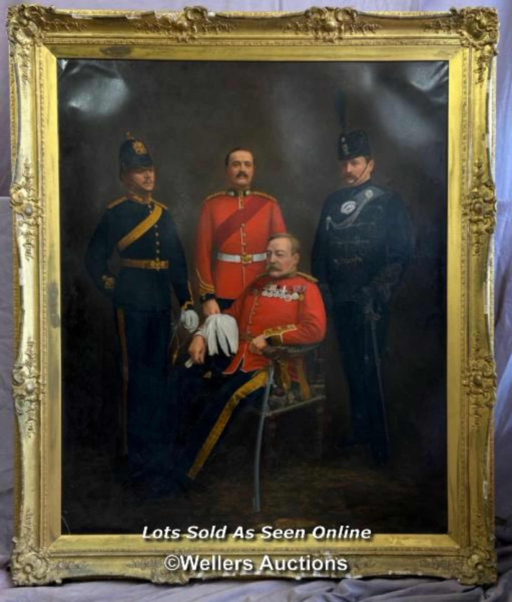 LARGE VICTORIAN OIL ON CANVAS PORTRAIT DEPICTING FOUR MILITARY OFFICERS (APPEARS TO BE FATHER AND