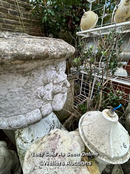 PAIR OF COMPOSITION STONE URN PLANTERS ON ASSOCIATED PLINTHS. THIS LOT IS LOCATED AWAY FROM THE - Image 3 of 7