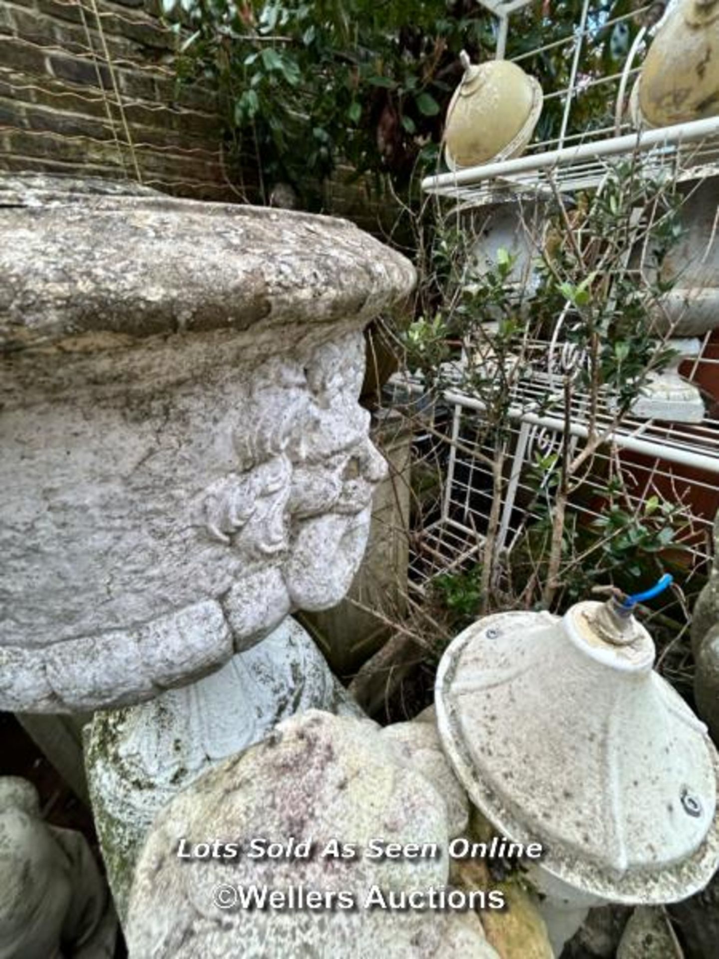 PAIR OF COMPOSITION STONE URN PLANTERS ON ASSOCIATED PLINTHS. THIS LOT IS LOCATED AWAY FROM THE - Image 3 of 7
