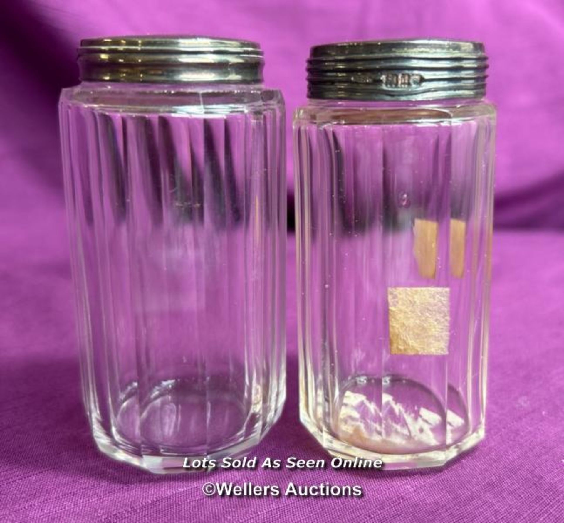 PAIR OF HALLMARKED SILVER TOPPED AND CUT GLASS BEVELLED JARS, HEIGHT 8.5CM, TOTAL SILVER WEIGHT