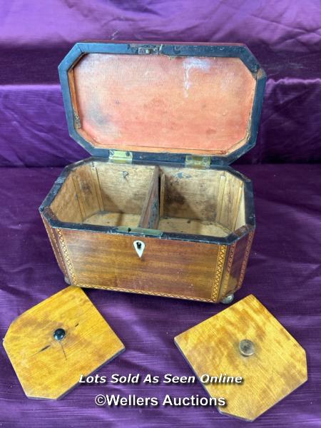 SMALL INLAID TEA CADDY, WITH KEY AND WORKING LOCK, ON BALL FEET, 23 X 13 X 14CM - Image 2 of 4
