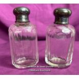 PAIR OF HALLMARKED SILVER TOPPED AND CUT GLASS BEVELLED JARS, HEIGHT 8.5CM, TOTAL SILVER WEIGHT