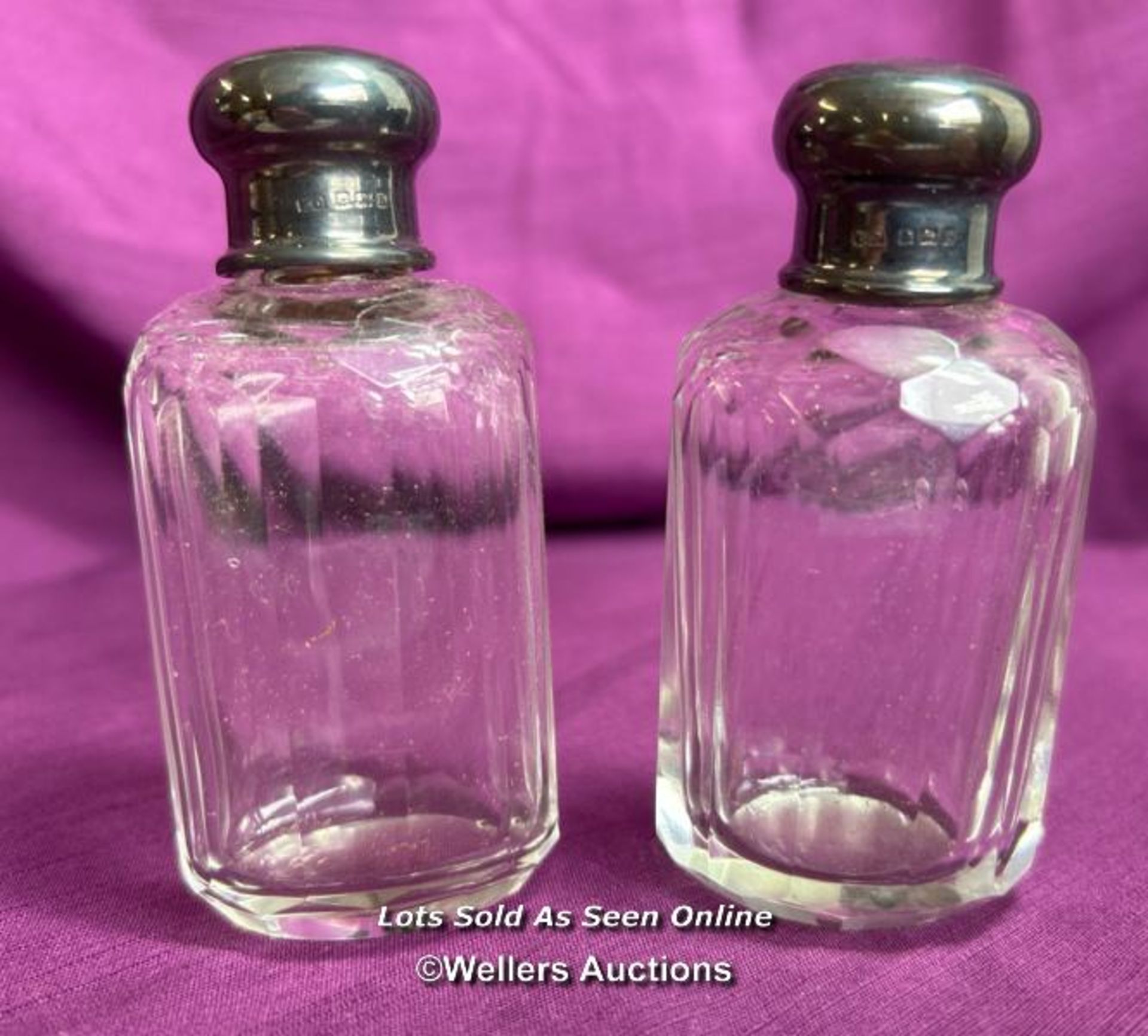 PAIR OF HALLMARKED SILVER TOPPED AND CUT GLASS BEVELLED JARS, HEIGHT 8.5CM, TOTAL SILVER WEIGHT