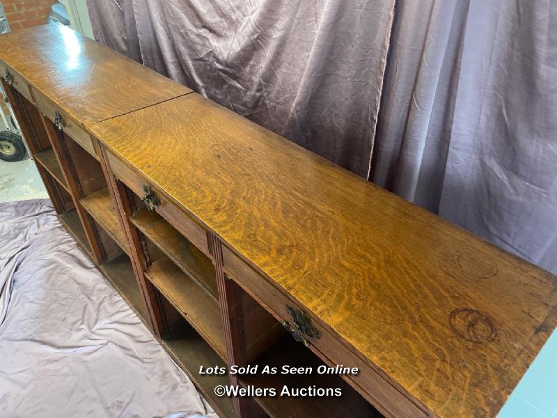 CIRCA 1900, LARGE WOODEN BOOKCASE IN TWO PARTS, WITH FOUR DRAWERS AND EIGHT ADJUSTABLE SHELVES, - Image 3 of 6