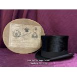 TRESS & CO LONDON TOP HAT, INNER MEASUREMENT FRONT TO BACK 7 7/8 AND SIDE TO SIDE 7 3/8, WITH BOX