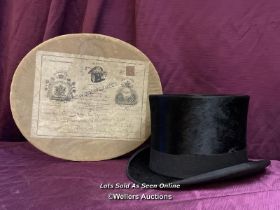 TRESS & CO LONDON TOP HAT, INNER MEASUREMENT FRONT TO BACK 7 7/8 AND SIDE TO SIDE 7 3/8, WITH BOX