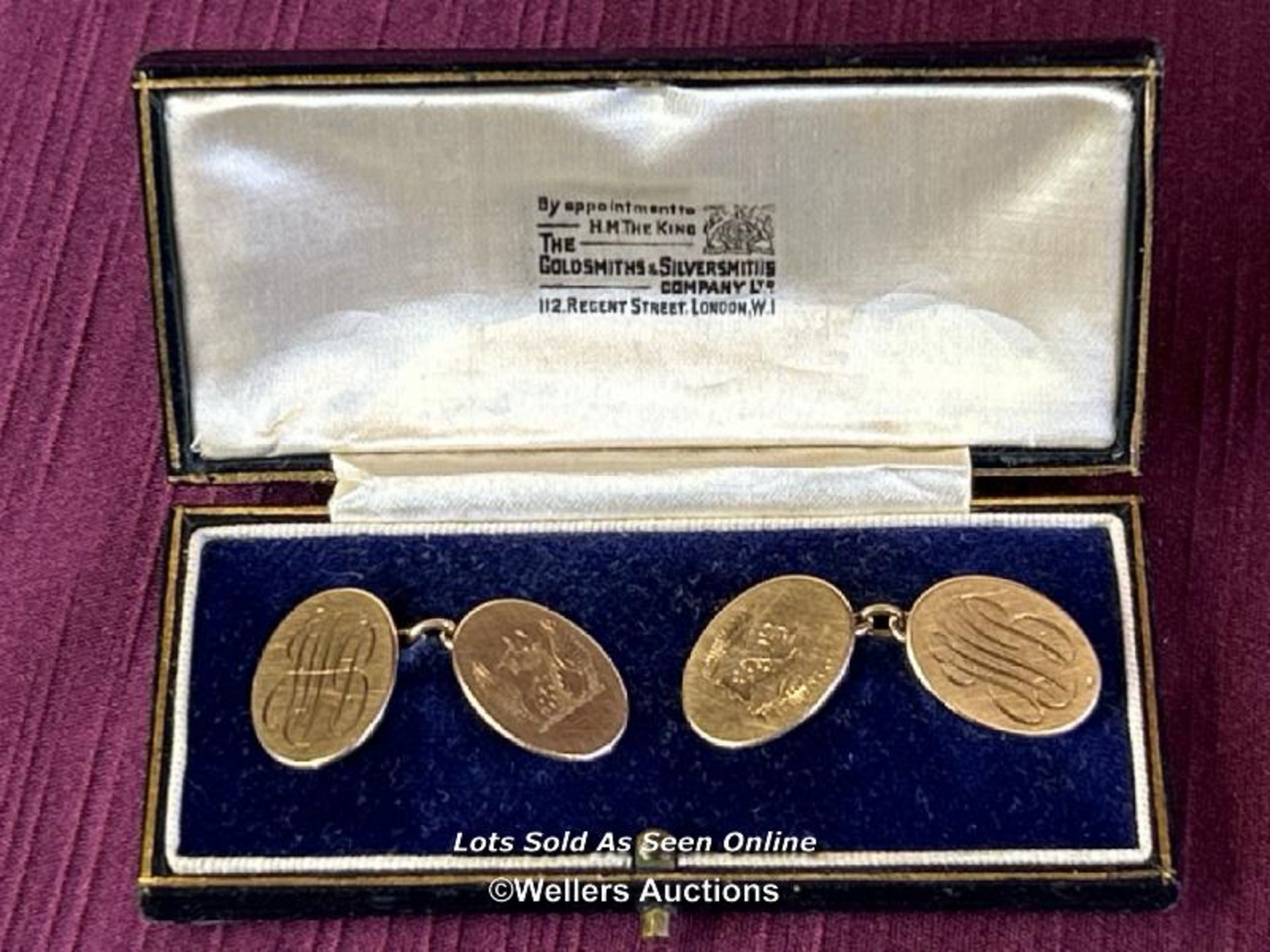 PAIR OF VINTAGE 9CT GOLD CUFFLINKS IN ORIGINAL GOLDSMITHS BOX, WEIGHT 9GMS