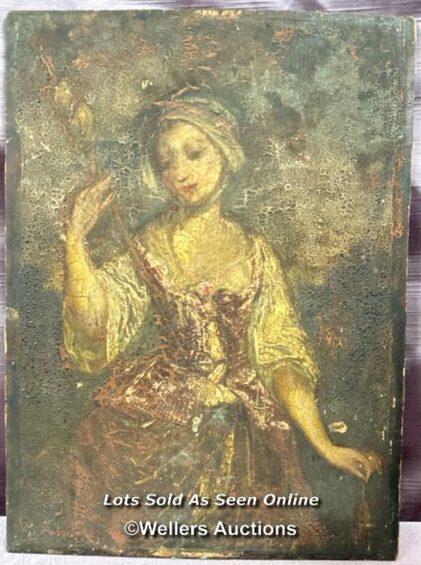 18TH CENTURY OIL ON BOARD, DEPICTING A LADY HOLDING A ROSE, 30 X 22CM