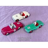 THREE DINKY DIE CAST RACING CARS INCLUDING SUNBEAM ALPINE NO. 107, AUSTIN HEALEY NO. 109 AND ASTON