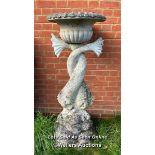 COMPOSITION STATUE OF ENTWINED DOLPHINS WITH ASSOCIATED BOWL, DIAMETER 51CM X HEIGHT 132CM. THIS LOT